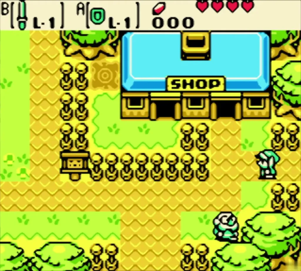 Link on a dirt road in Lynna City below the blue-roofed shop