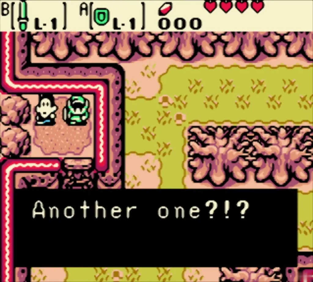 Link arriving in red-tinted Lynna Village in the past as a startled villager reacts