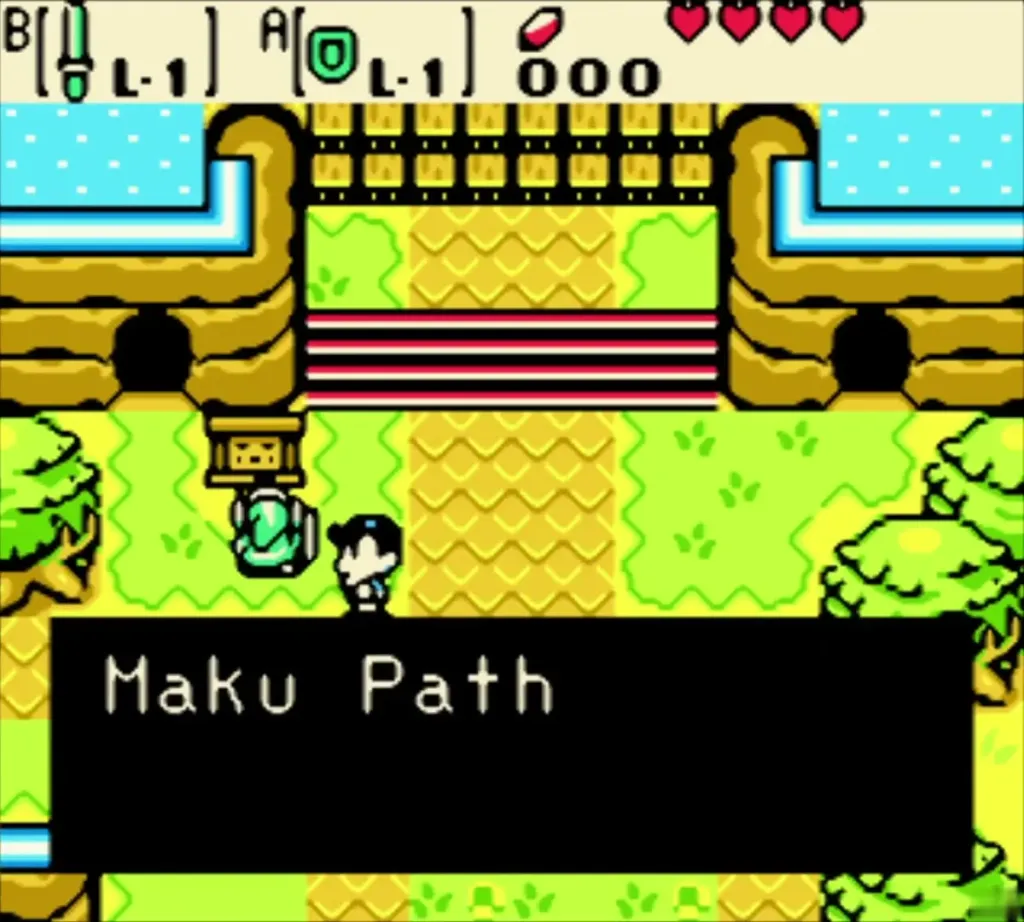 Link reading the Maku Path sign at the road's end in Lynna City