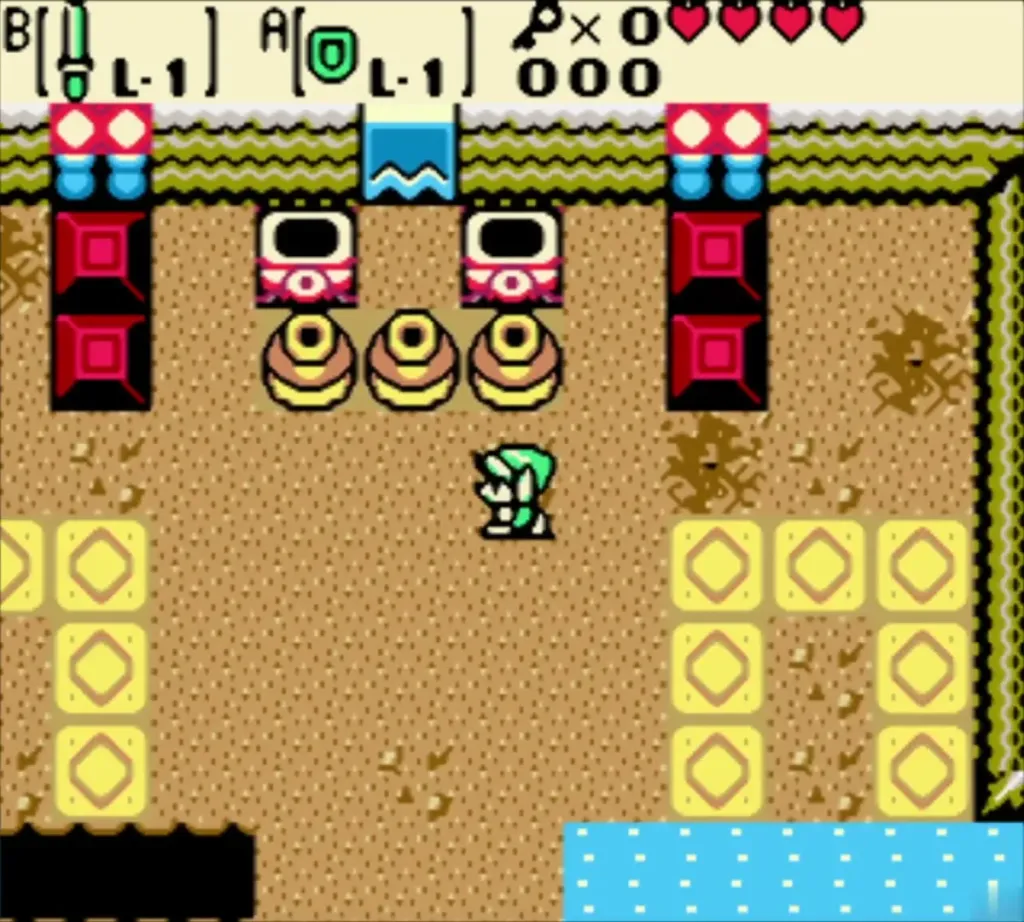 Link in a Maku Path room with red switch blocks and the key counter at zero