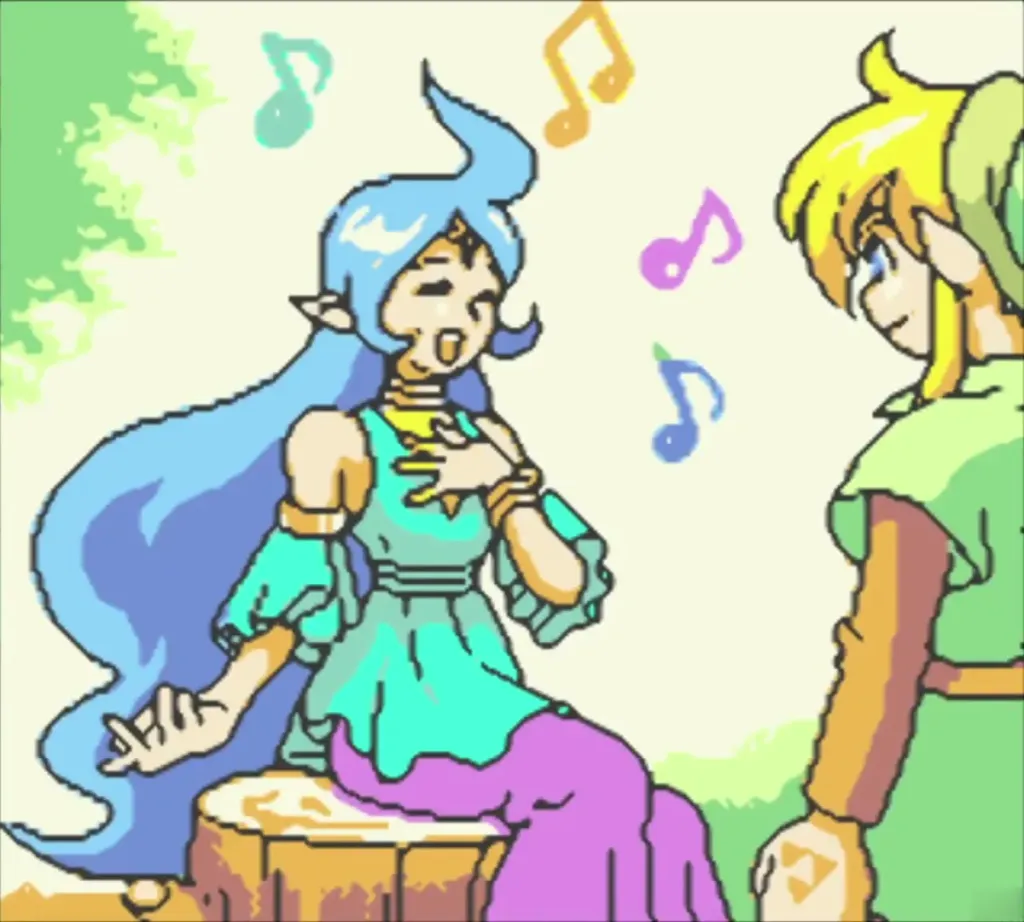 Nayru singing on a tree stump while Link listens