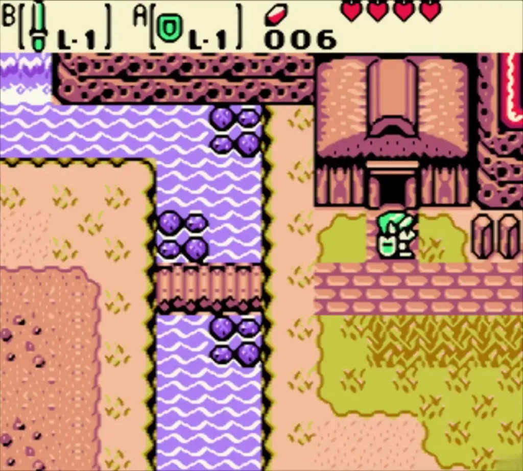 Link crossing the river bridge to the house door in Lynna Village