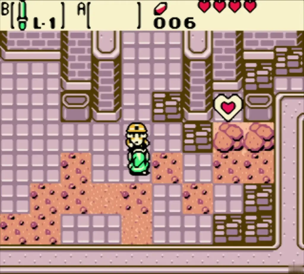 Link in the tower courtyard with a heart floating behind the rubble