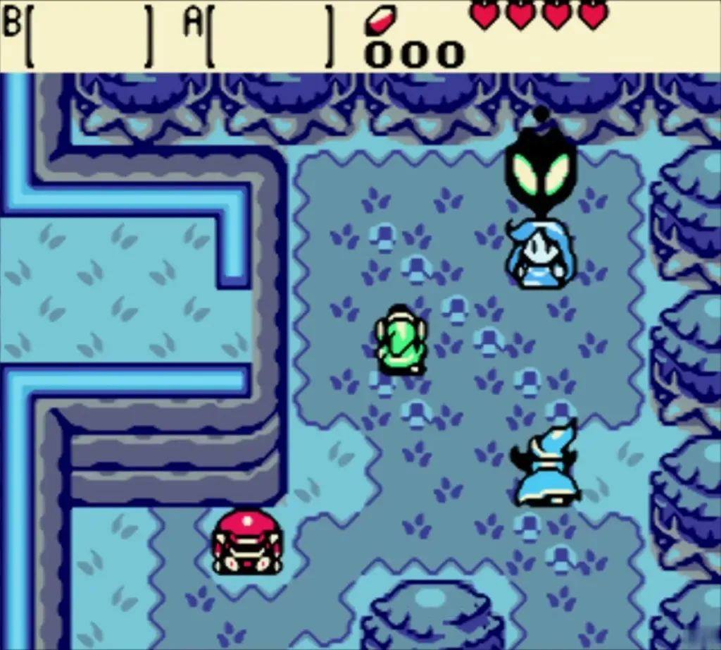Veran's dark mask hovering over Nayru in the dark forest