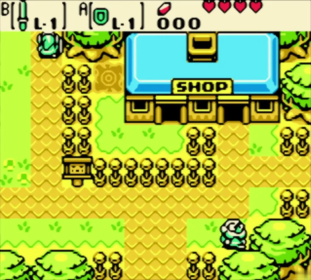Link walking along the dirt road past the Lynna City shop
