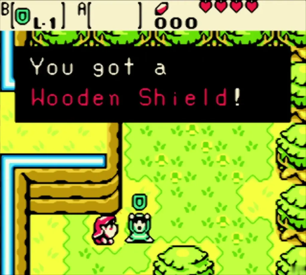 Link holding up the Wooden Shield with the item message fully shown