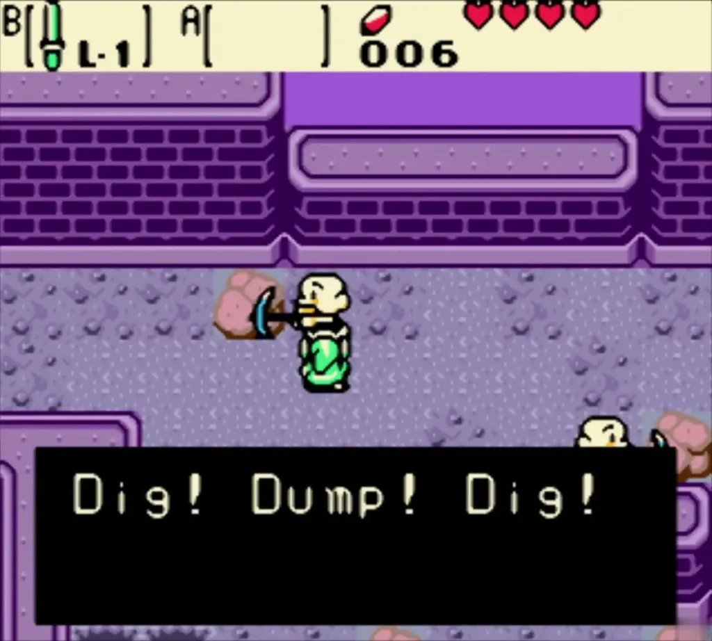 A worker with a pickaxe chanting Dig! Dump! Dig! next to Link