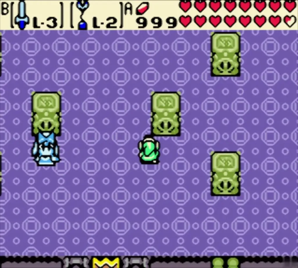 A blue Dark Link copy in the purple room while Link stands below A blue Dark Link copy in the purple room while Link stands below