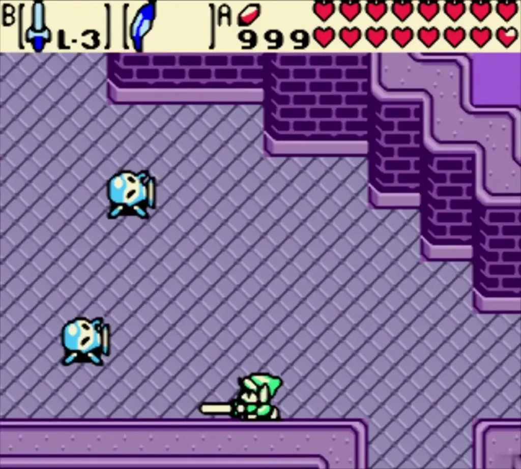 Link facing four blue Tektites on the Black Tower ground floor Link facing four blue Tektites on the Black Tower ground floor