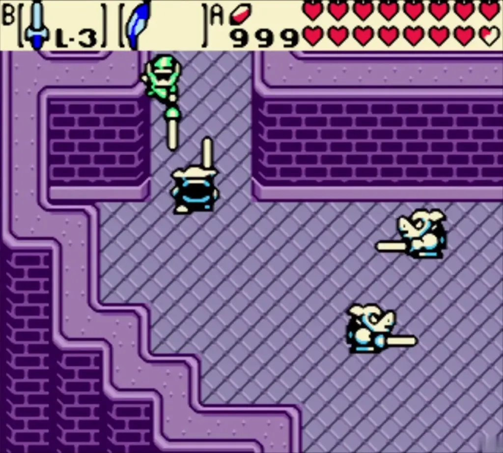 Link with his sword facing armored Darknuts beside the stairs in the Black Tower Link with his sword facing armored Darknuts beside the stairs in the Black Tower