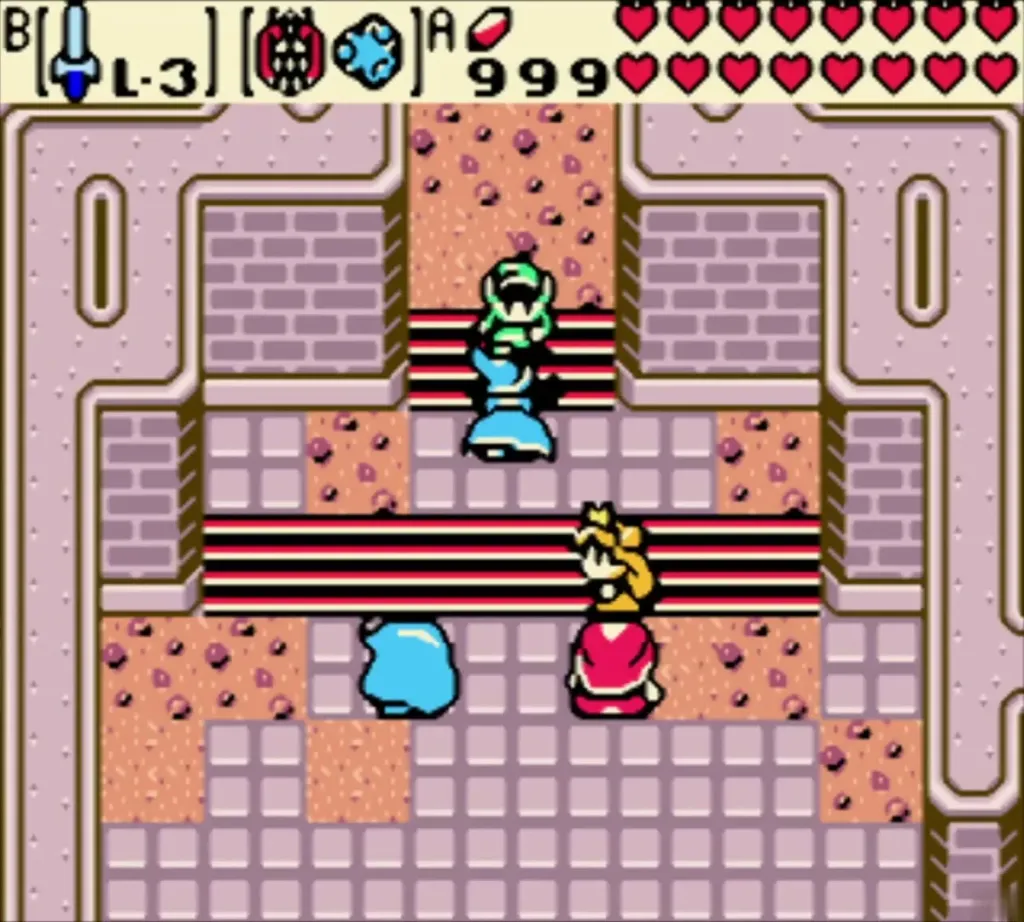 Link and companions in the top room of Ambi tower with Queen Ambi below Link and companions in the top room of Ambi tower with Queen Ambi below
