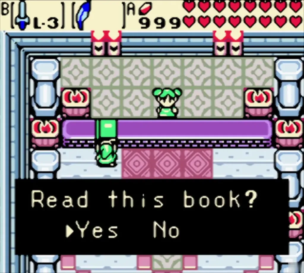 Link in the Hall of Secrets facing the Read this book? prompt Link in the Hall of Secrets facing the Read this book? prompt