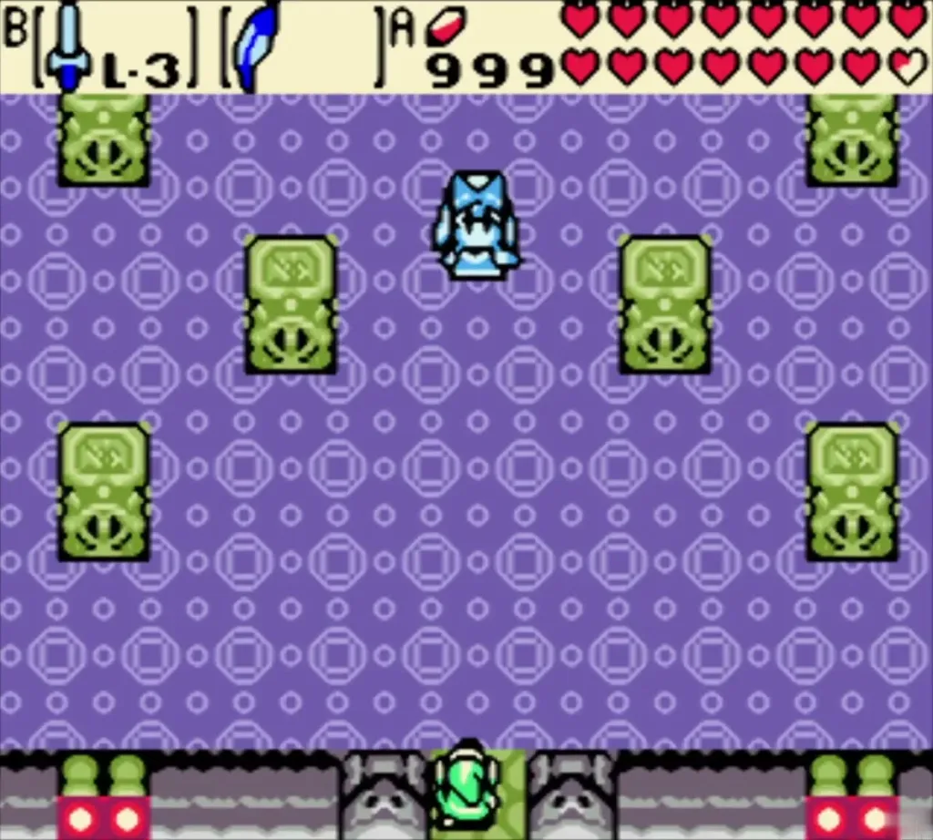 Link entering the purple boss room with Veran waiting ahead Link entering the purple boss room with Veran waiting ahead