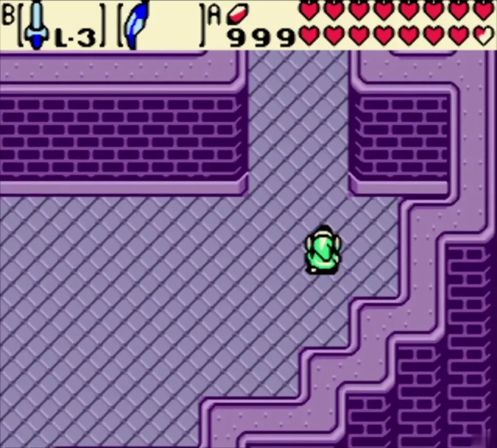 Link on the purple stone floor beside the stairs in the Black Tower stair maze Link on the purple stone floor beside the stairs in the Black Tower stair maze