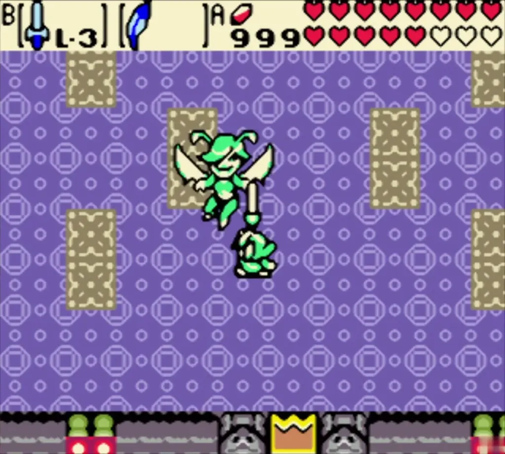 Link with his sword raised beside the green fairy Veran Link with his sword raised beside the green fairy Veran