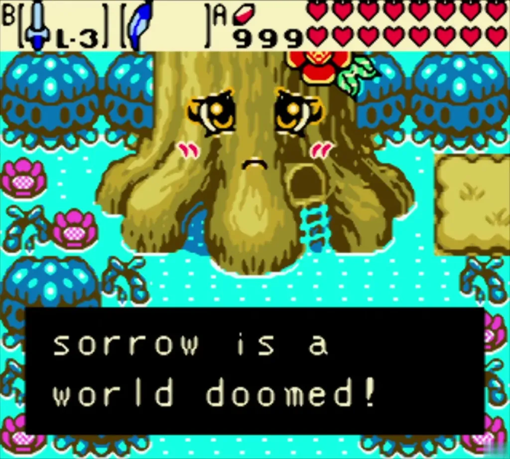 The Maku Tree speaking to Link in the grove about a world of sorrow The Maku Tree speaking to Link in the grove about a world of sorrow