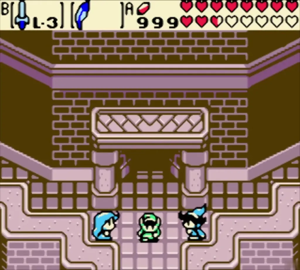Link standing between Ralph and Nayru at the top of Ambi tower Link standing between Ralph and Nayru at the top of Ambi tower