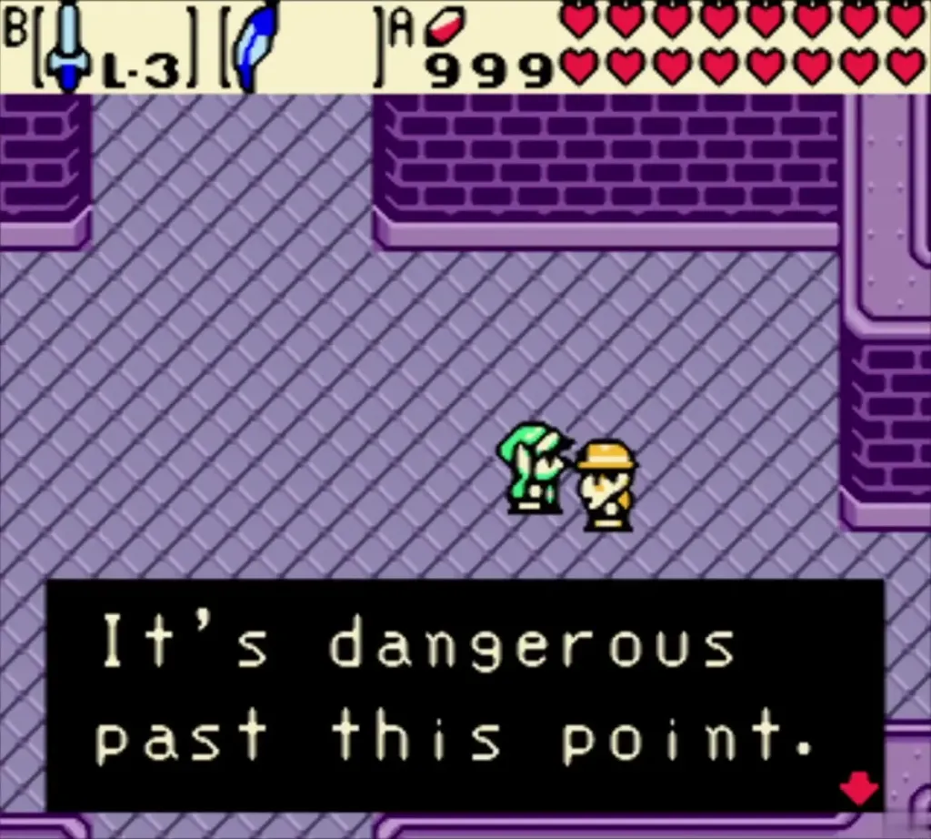 A guide standing beside Link at the Black Tower entrance saying it is dangerous past this point A guide standing beside Link at the Black Tower entrance saying it is dangerous past this point