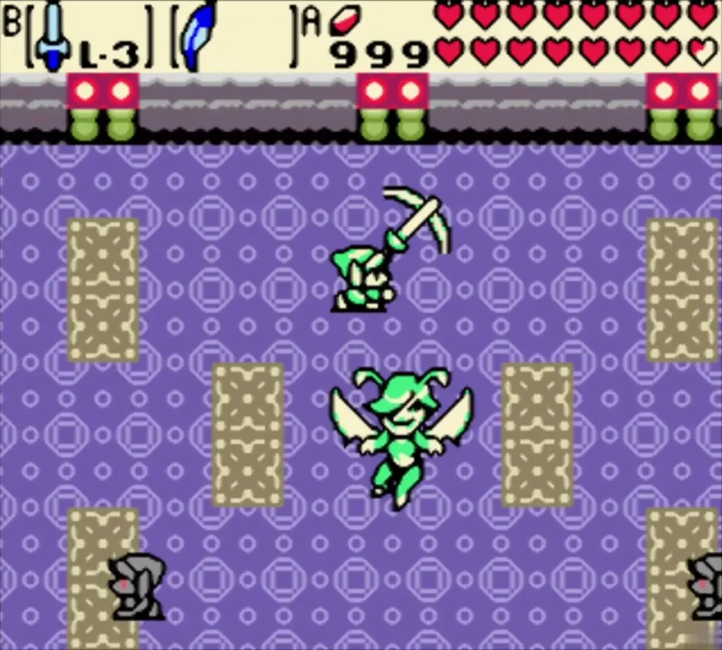 Veran as a green winged fairy above Link in the purple room Veran as a green winged fairy above Link in the purple room
