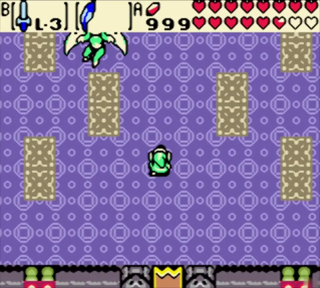 Veran as a green fairy swooping over the purple room above Link Veran as a green fairy swooping over the purple room above Link