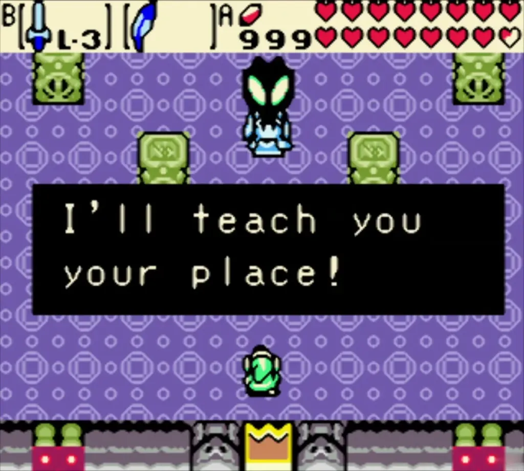 Veran saying she will teach Link his place in the purple boss room Veran saying she will teach Link his place in the purple boss room
