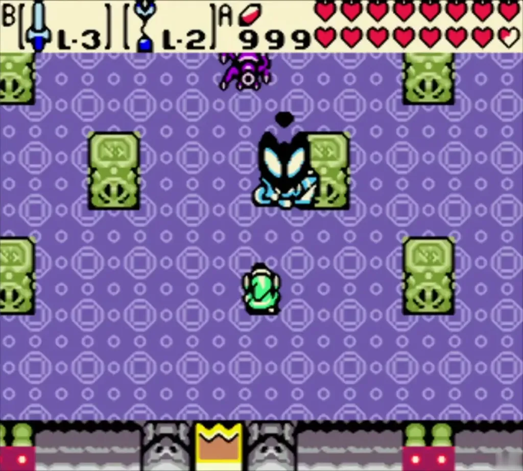 Veran in shadow form with glowing eyes above Link in the purple room Veran in shadow form with glowing eyes above Link in the purple room