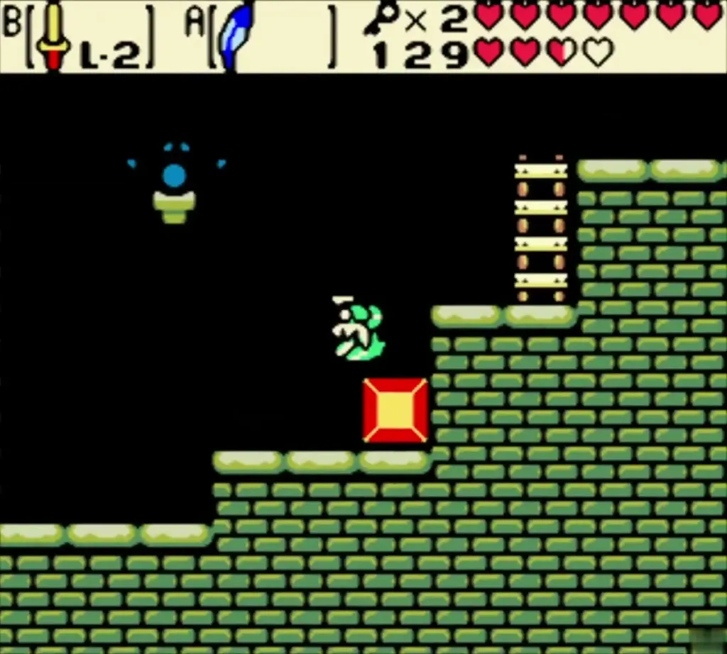 Link jumping from a Cane block onto the next ledge in the side-view room Link jumping from a Cane block onto the next ledge in the side-view room