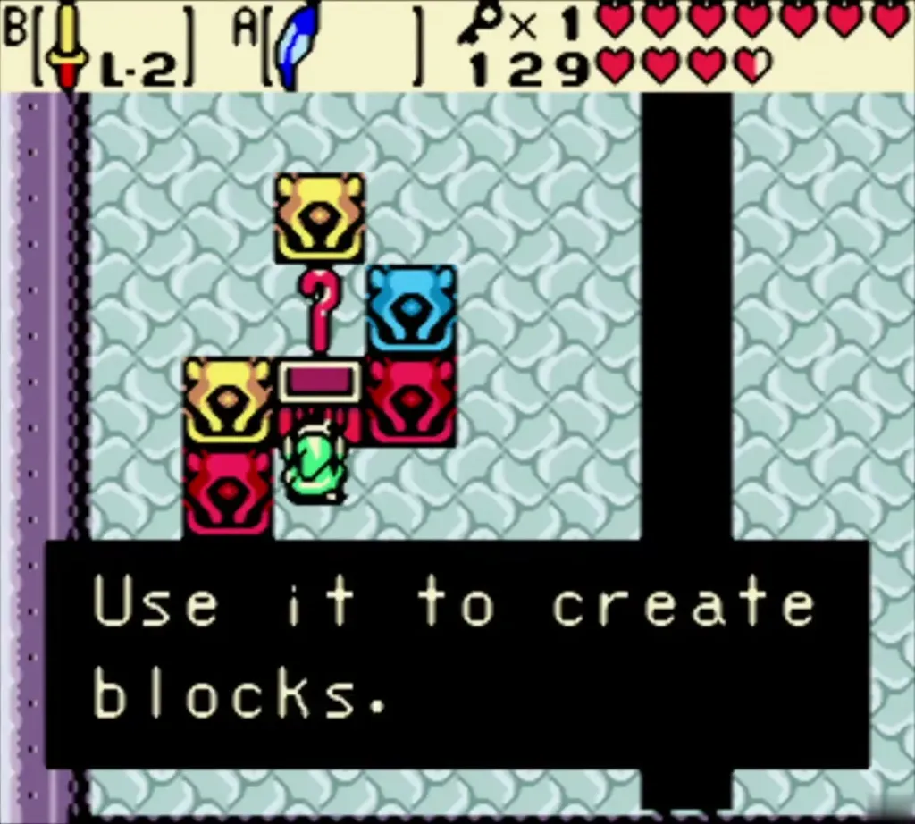 Link holding the Cane of Somaria after the chest, with the message that it creates blocks Link holding the Cane of Somaria after the chest, with the message that it creates blocks