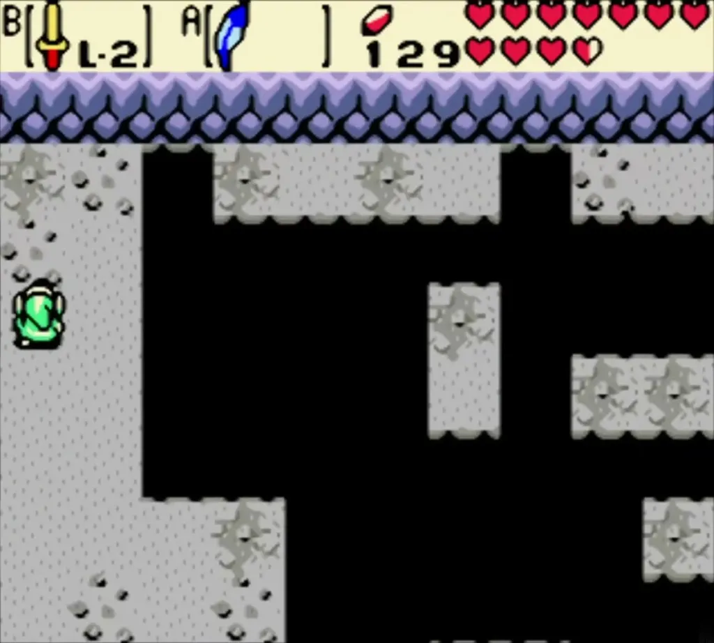 Link at the edge of the wide gap and floating platforms in the cave Link at the edge of the wide gap and floating platforms in the cave