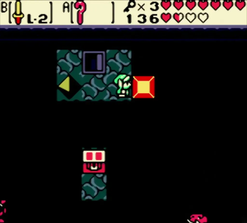 Link in the dark room with a Cane block beside him and the chest on its pedestal Link in the dark room with a Cane block beside him and the chest on its pedestal
