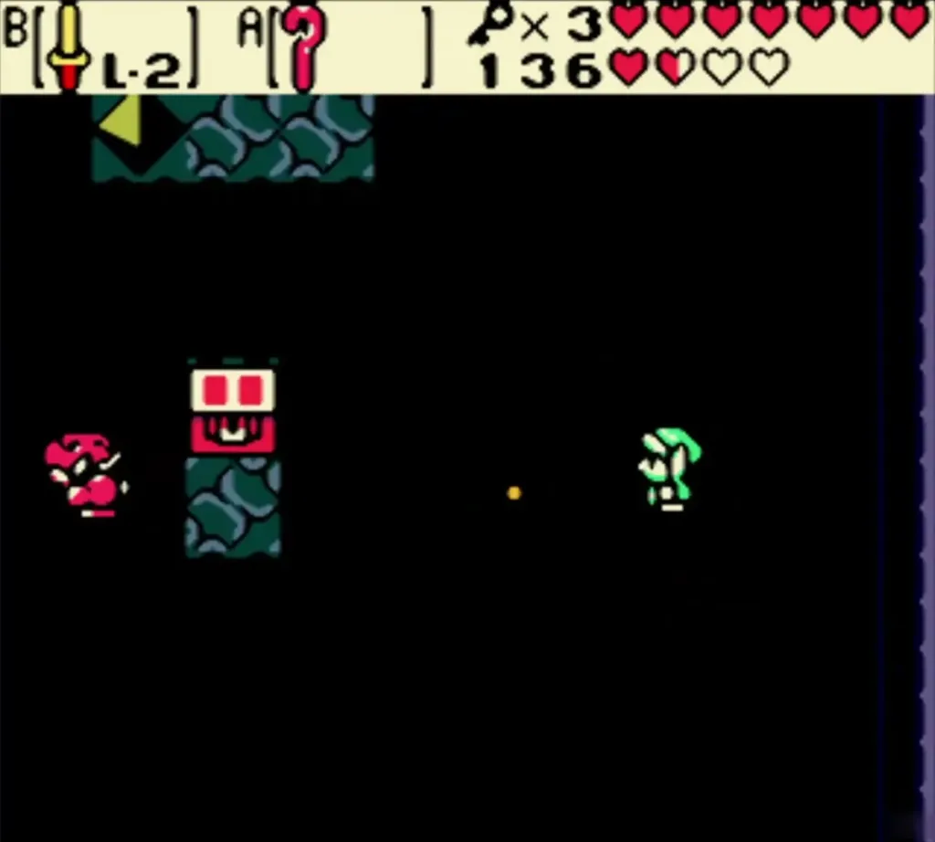 Link crossing the dark room as a Moblin approaches the pedestal Link crossing the dark room as a Moblin approaches the pedestal