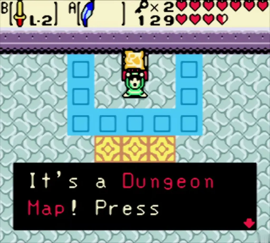 Link holding up the Dungeon Map with its message box Link holding up the Dungeon Map with its message box