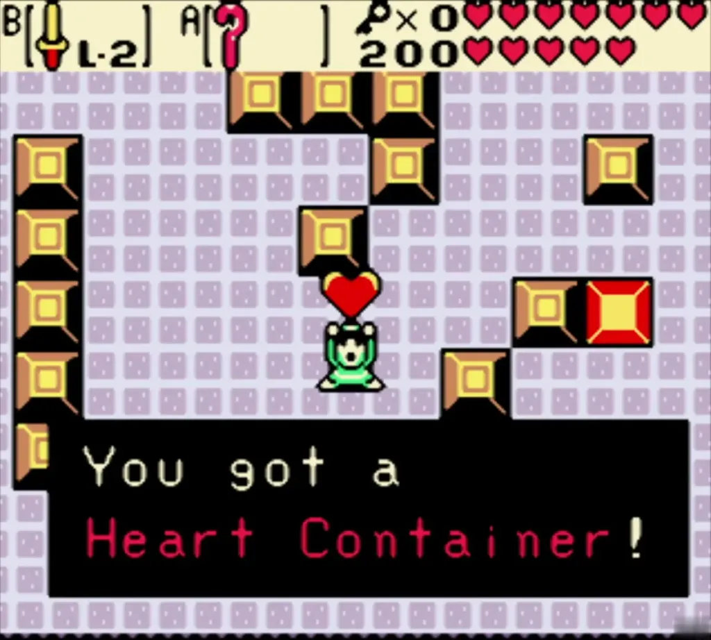 Link holding up a Heart Container with the full item message Link holding up a Heart Container with the full item message