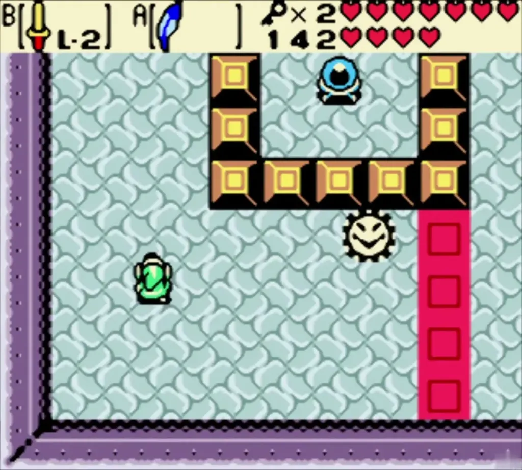 Link in a room with key blocks, red blocks and a spiky crawler Link in a room with key blocks, red blocks and a spiky crawler