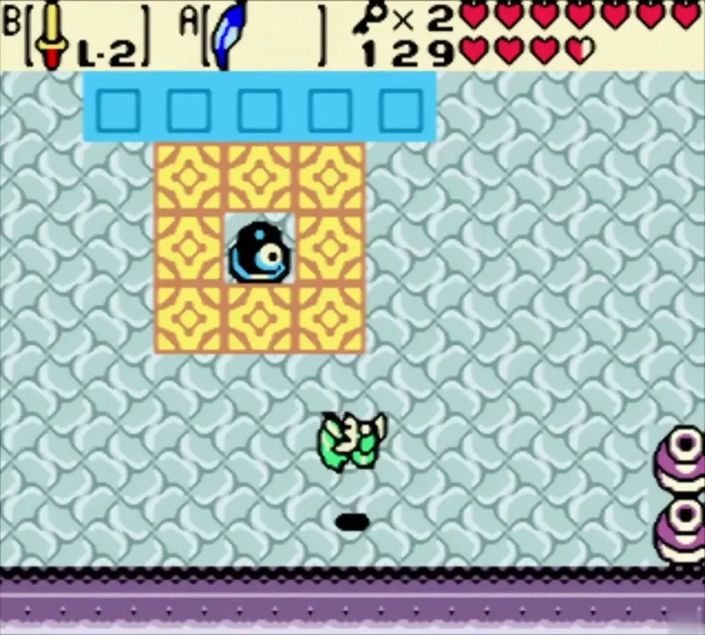 Link jumping toward the black orb switch on the yellow tiles Link jumping toward the black orb switch on the yellow tiles