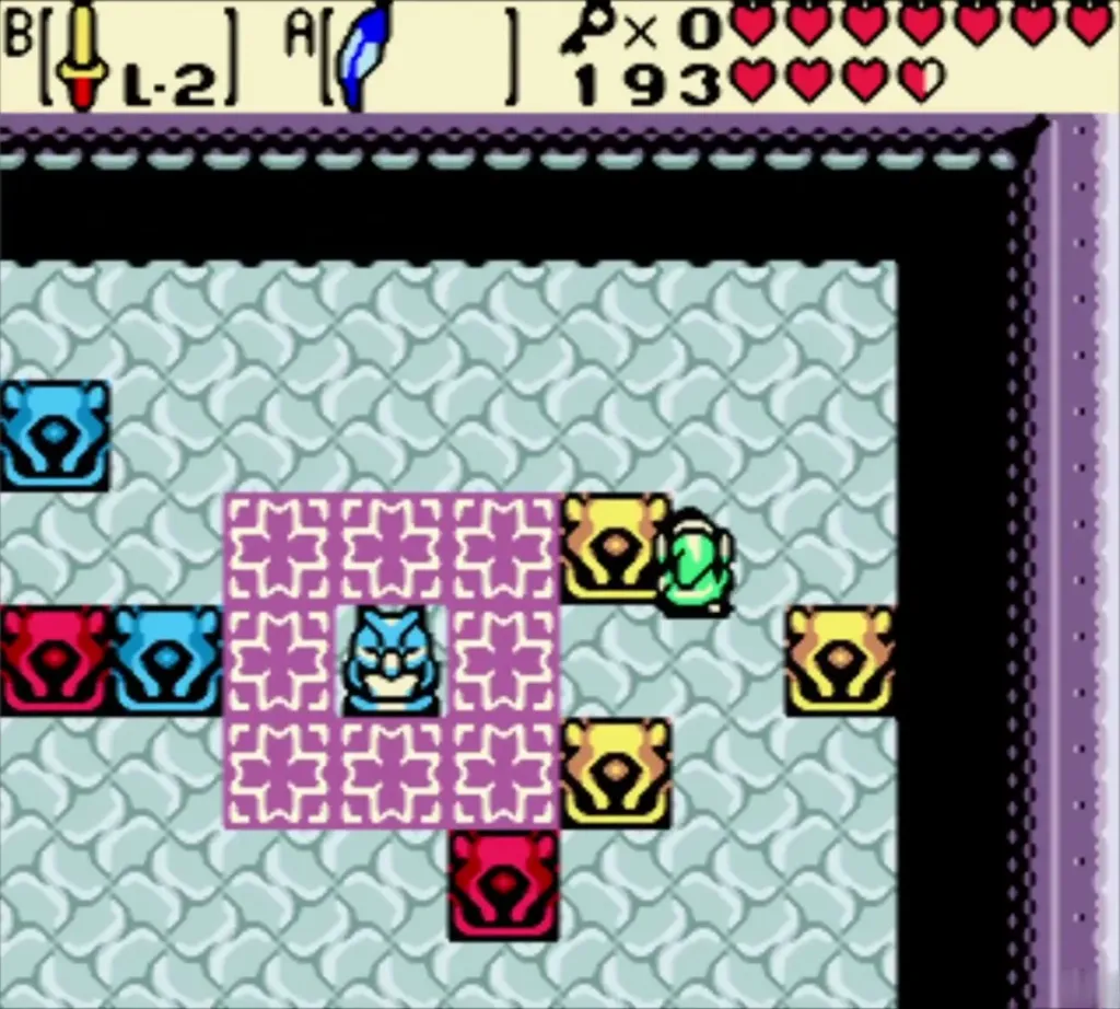 Link beside the blue owl and colored statues in the owl statue room Link beside the blue owl and colored statues in the owl statue room