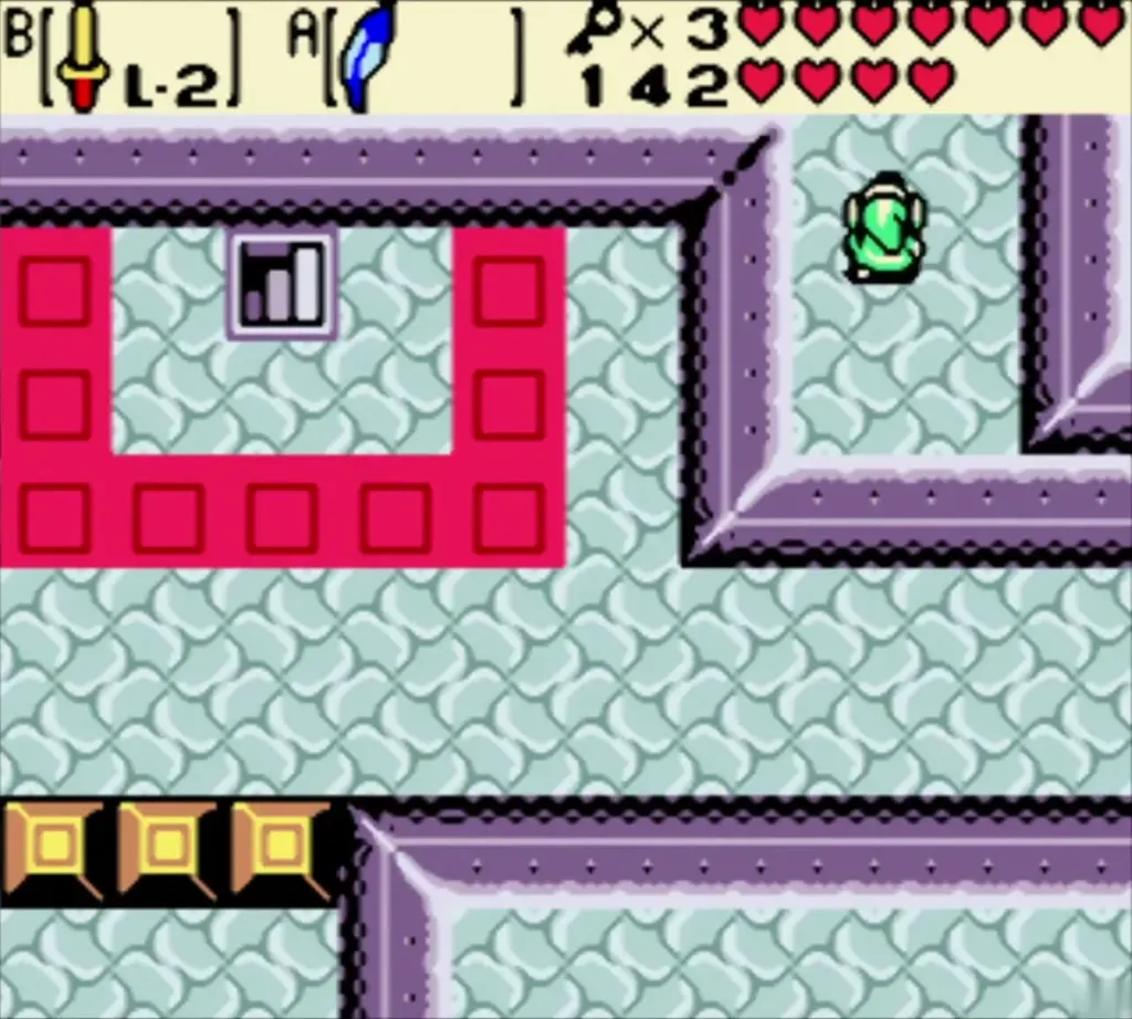 Red block view around the crystal switch with Link on the ledge Red block view around the crystal switch with Link on the ledge
