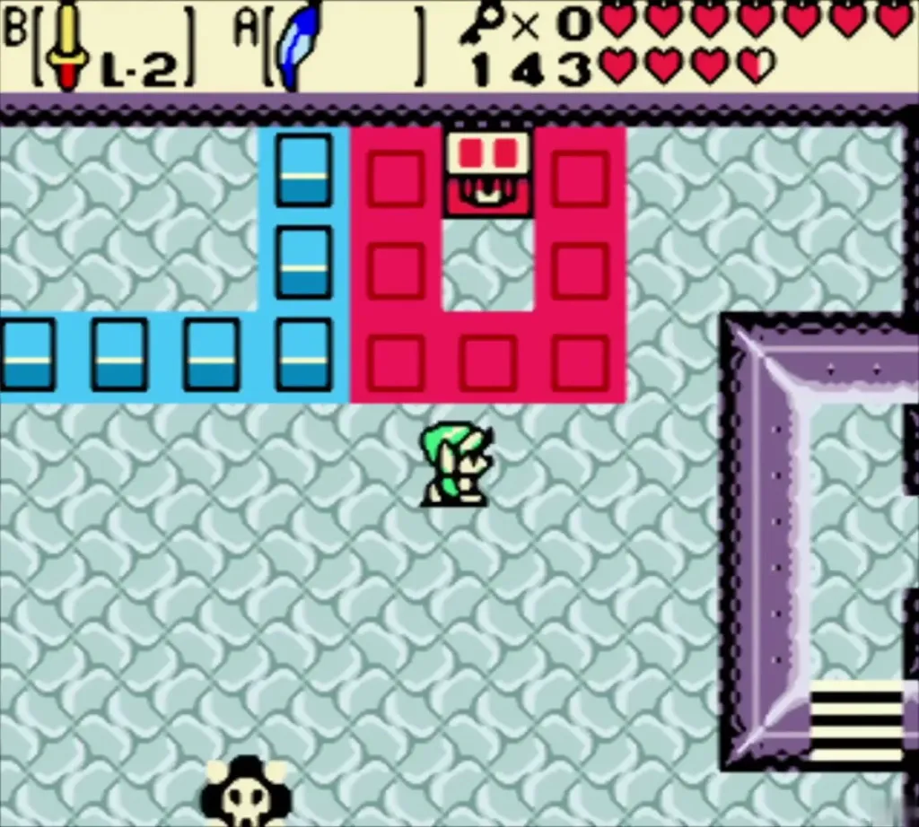 Link approaching the chest inside the red block view Link approaching the chest inside the red block view