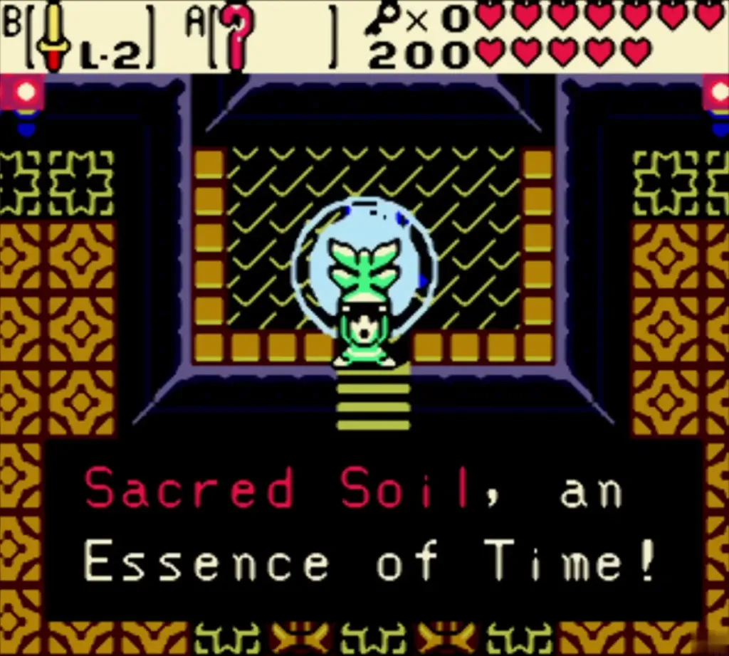 Link holding up the Sacred Soil, an Essence of Time, with the full message Link holding up the Sacred Soil, an Essence of Time, with the full message