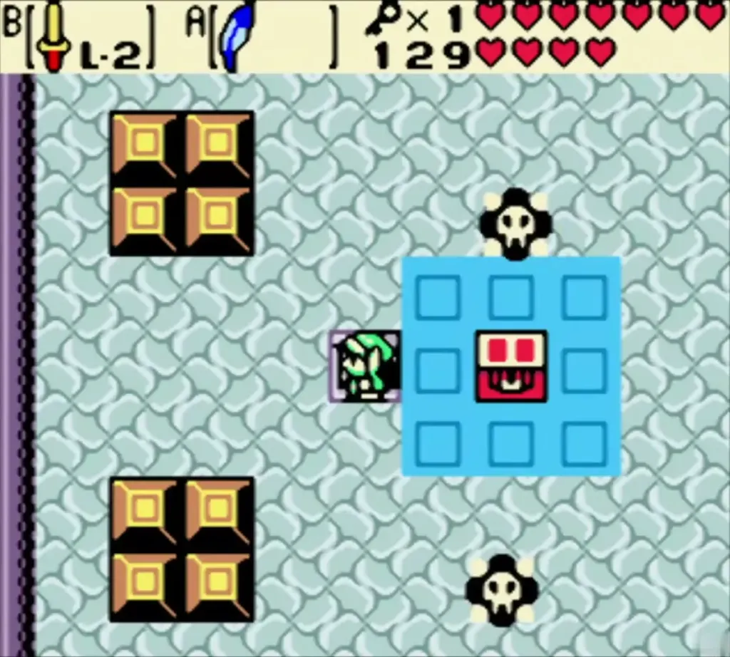 Link beside the blue block view around the closed chest Link beside the blue block view around the closed chest