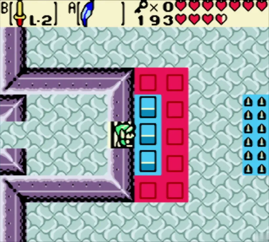 Link by the blue and red blocks on the way to the second stairs Link by the blue and red blocks on the way to the second stairs