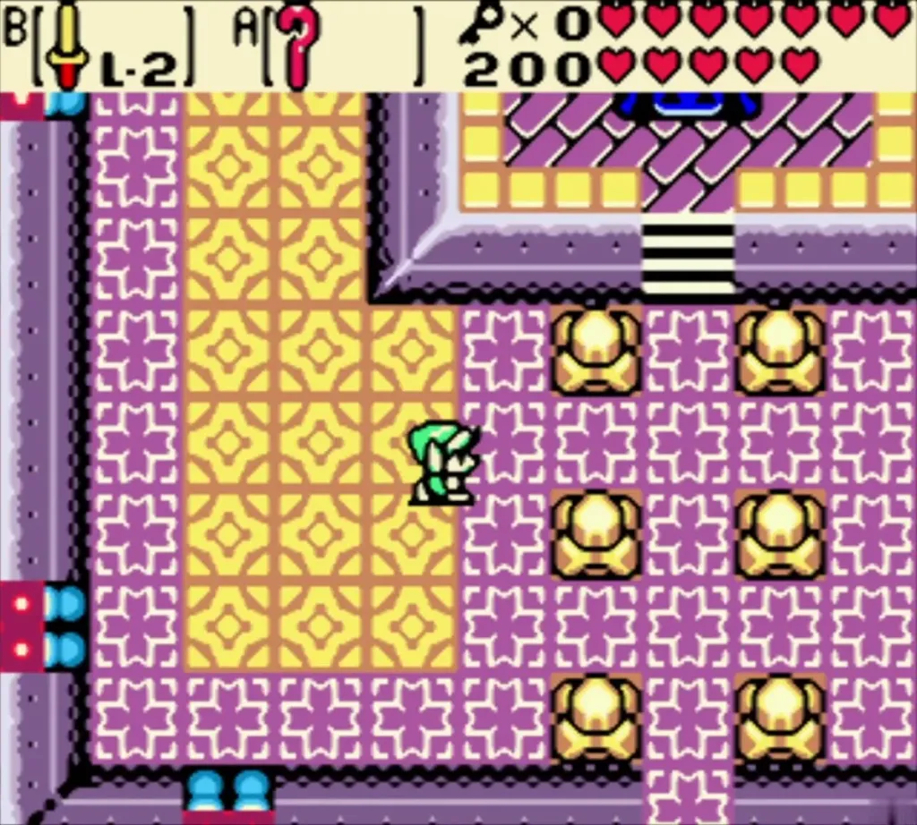 Link walking up the aisle of statues toward the shrine stairs Link walking up the aisle of statues toward the shrine stairs