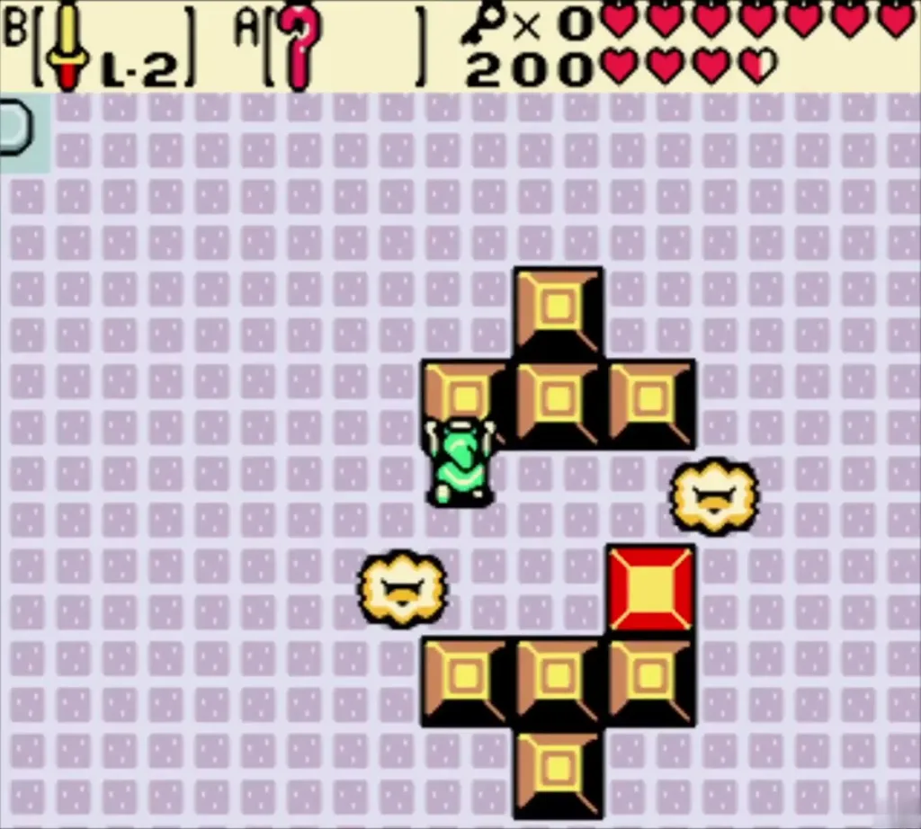 Link in Smog's arena among stone blocks with small Smog pieces drifting Link in Smog's arena among stone blocks with small Smog pieces drifting