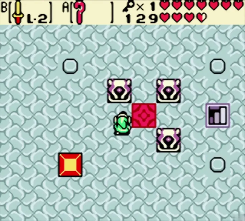 Link pushing a statue toward a floor button in the four-button room Link pushing a statue toward a floor button in the four-button room