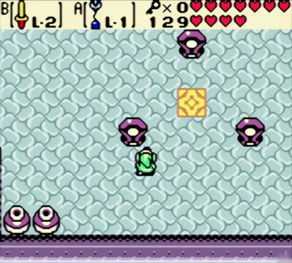 Link entering the room with three statues around a yellow floor tile Link entering the room with three statues around a yellow floor tile
