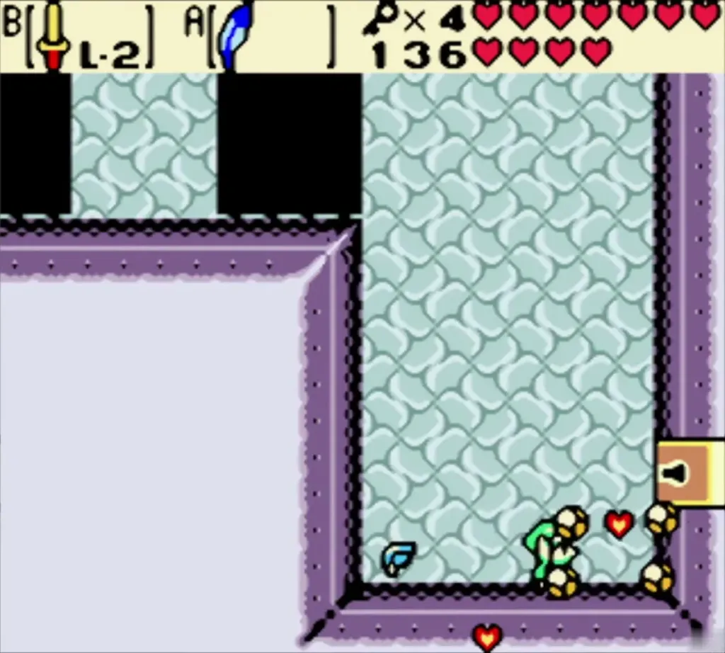 Link beside the stone ledge room with hearts dropping near the locked door Link beside the stone ledge room with hearts dropping near the locked door