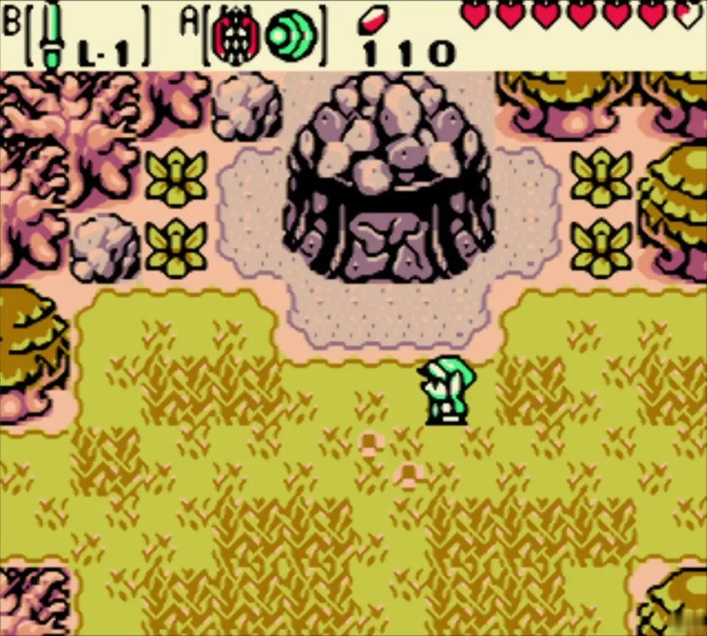 Link walking up to the rock mound ringed with flowers Link walking up to the rock mound ringed with flowers