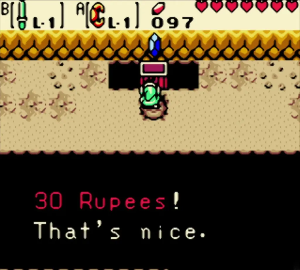 Link holding a blue rupee with the 30 Rupees message Link holding a blue rupee with the 30 Rupees message