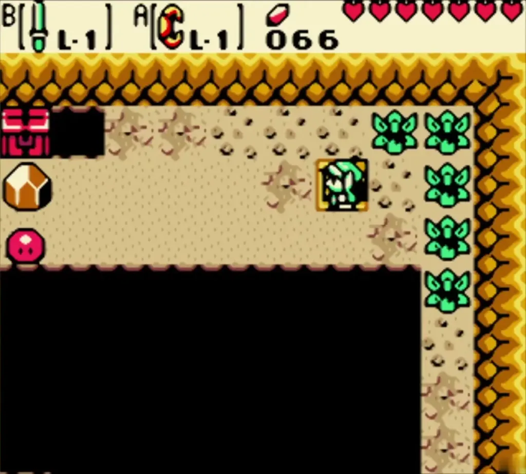 Link in the cave with bushes, a stone and a red chest Link in the cave with bushes, a stone and a red chest