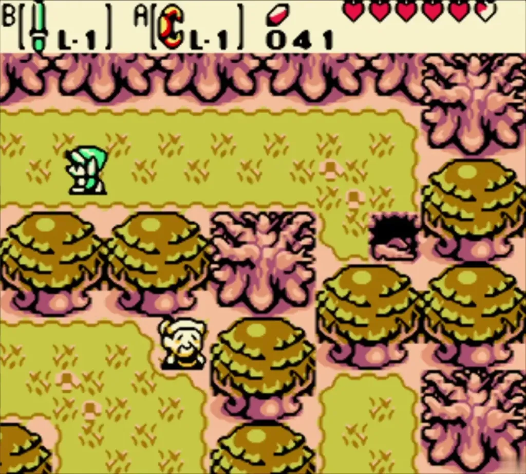 Link arriving in the pink-and-olive trees of the Deku Forest with a villager nearby Link arriving in the pink-and-olive trees of the Deku Forest with a villager nearby